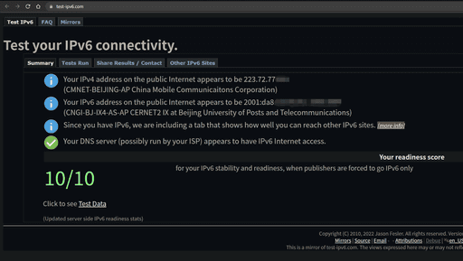 test-ipv6.com 测试结果
