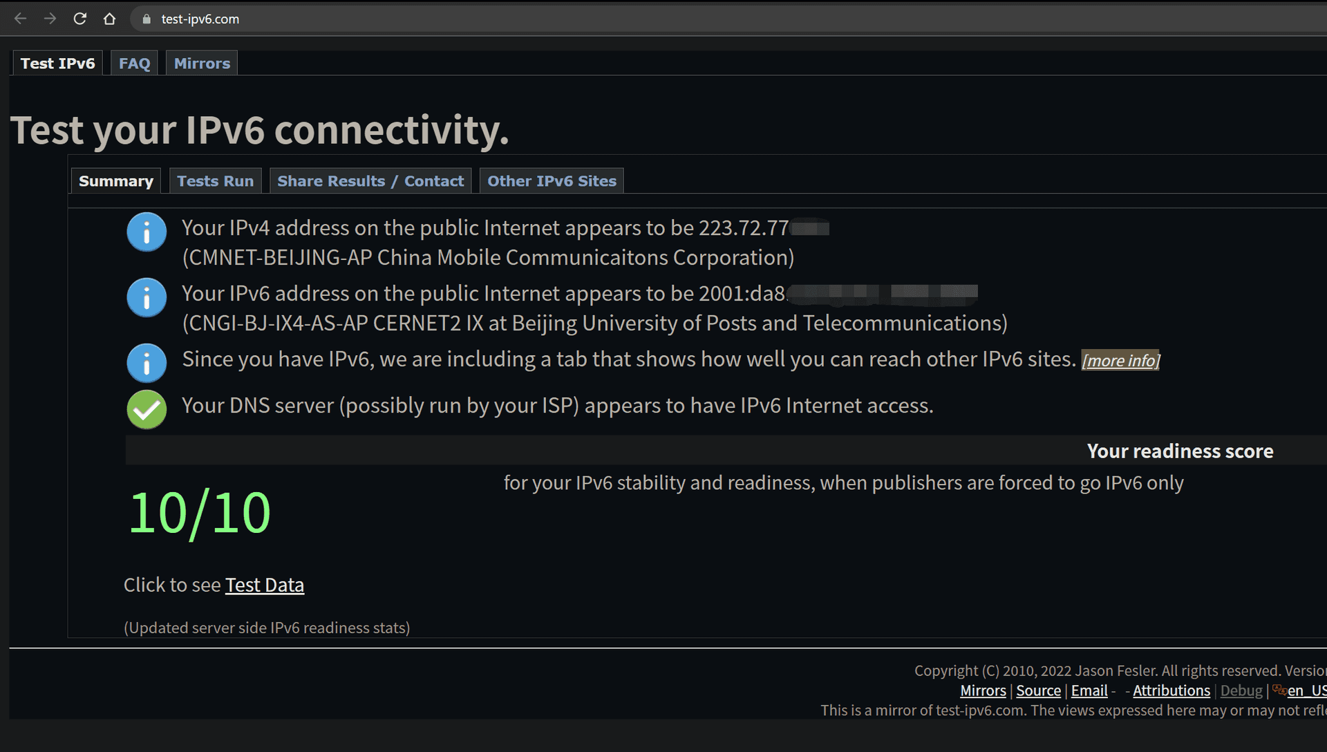 test-ipv6.com 测试结果